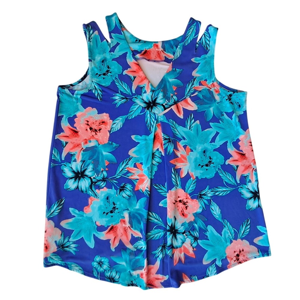 Worthington Floral Cold‎ Shoulder Tank Top Blue Teal Coral V-Neck Blouse Large